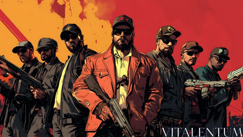 Paramilitary strike unit in stylized comic urban standoff.