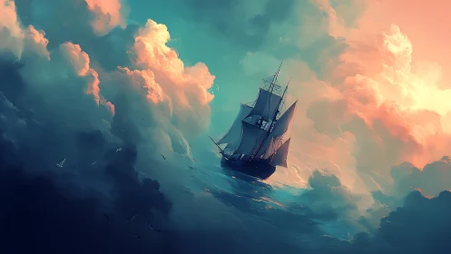 Tall ship cuts through glowing storm clouds at sea