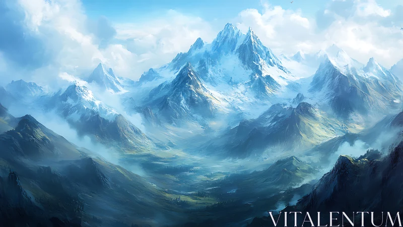 Sunlit snowy peaks rising over a dreamy mountain valley.