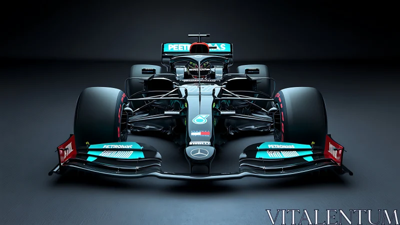 Front-perspective render of teal-accented Formula race car.