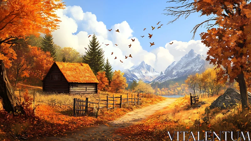 Autumn mountain cabin beside winding dirt country road.