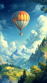 Hot air balloon drifts above sunlit alpine valley