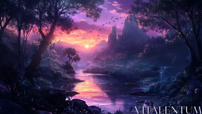 Enchanted twilight river cradles a glowing lavender sunrise.