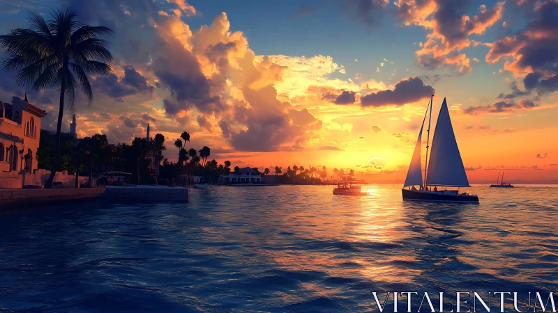 Sunset marina bay with coastal villas and silhouetted sailboats