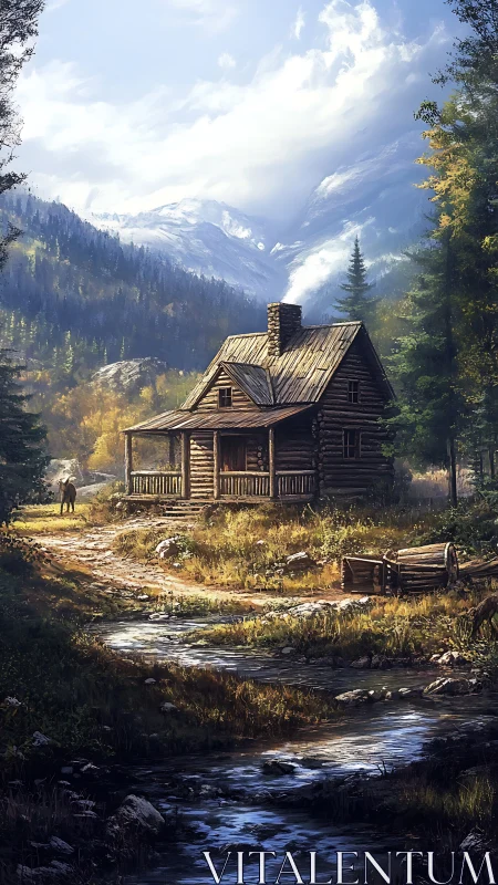 Log cabin rendered in high-detail mountain valley landscape lighting