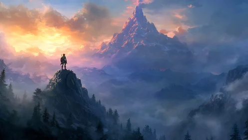 Lone adventurer surveying a misty, sunrise-lit peakscape.