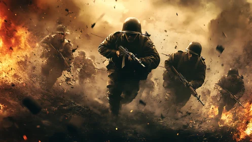 Infantry squad advances through explosive battlefield under heavy fire