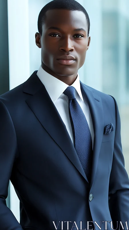 Confident businessman stands poised in a bright modern office