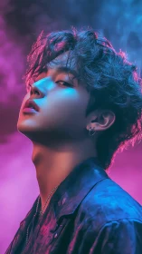 Neon-lit portrait captures cool gaze in vivid gradients.