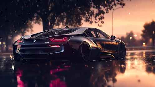 BMW i8 coupe renders under cinematic rainy sunset street.