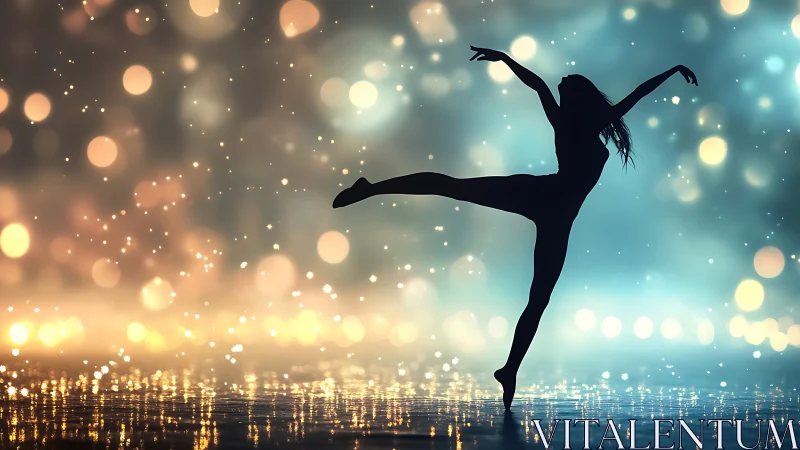 Silhouetted dancer balances en pointe against bokeh gradients