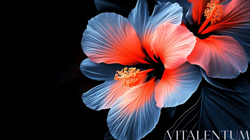 Blue and red hibiscus flower with gradient petals against black