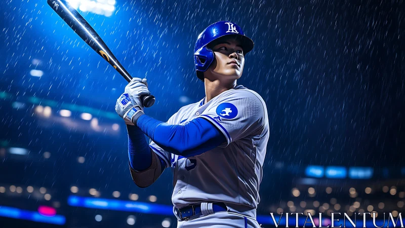 Focused baseball player ready to swing under glowing rain.