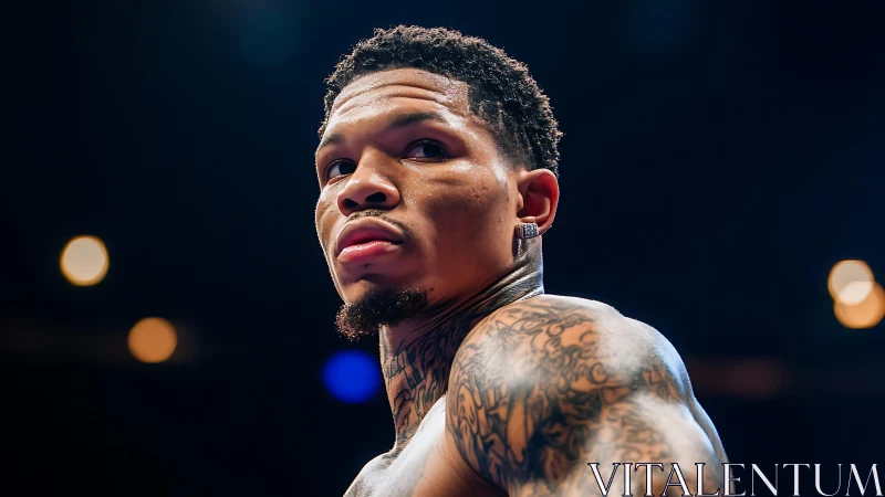 Tattooed man, serious expression, stage lighting backdrop