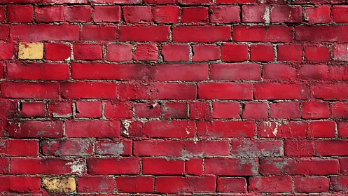 Weathered red brick wall with chipped paint and mortar.