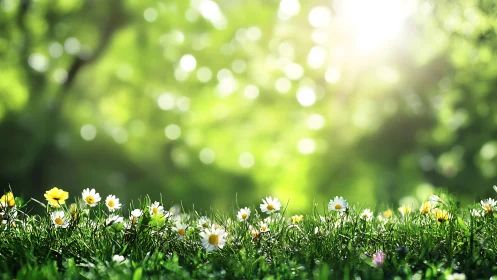 Spring meadow daisies glow under soft backlit bokeh sun.