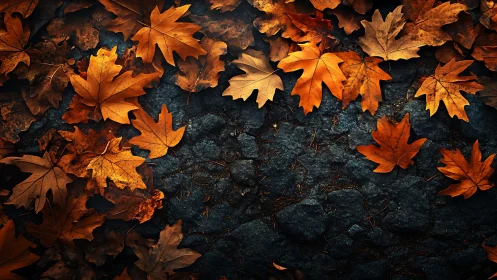 Autumn maple leaves on dark stone ground in warm light.