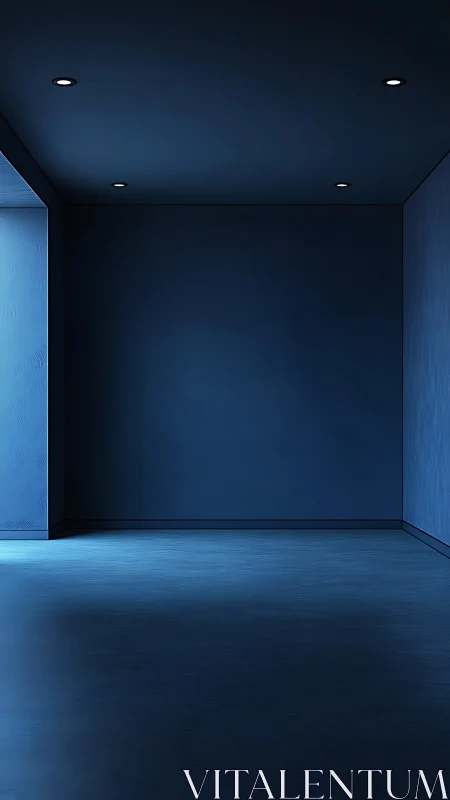 Dimly lit blue interior room with recessed ceiling lights.