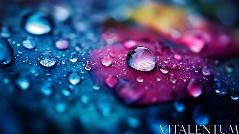Macro view of water droplets on multicolored surface.