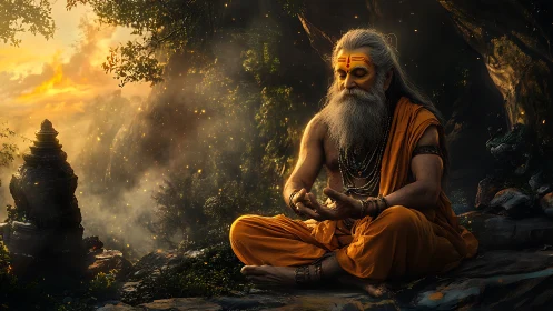 Ascetic sage in ochre robes meditating at luminous forest shrine