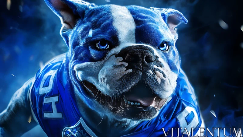 Blue-armored bulldog mascot charges through neon smoke.