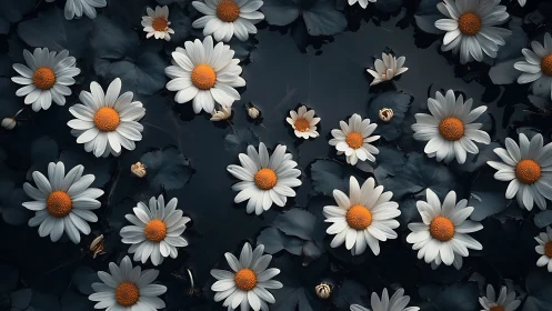 Floating Chamomile Blooms Against Dark Teal Water Background.