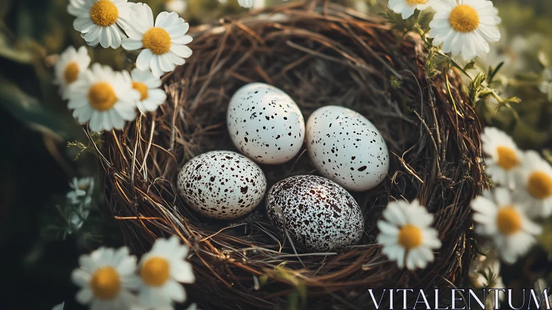 Speckled bird eggs rest in a nest among blooming daisies.
