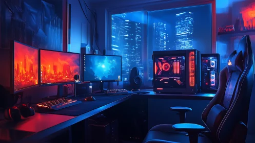 Immersive dual-PC gaming setup glows in neon cyberpunk light.
