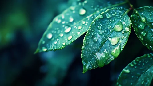 Macro study isolates dew-laden leaves in cool blue light