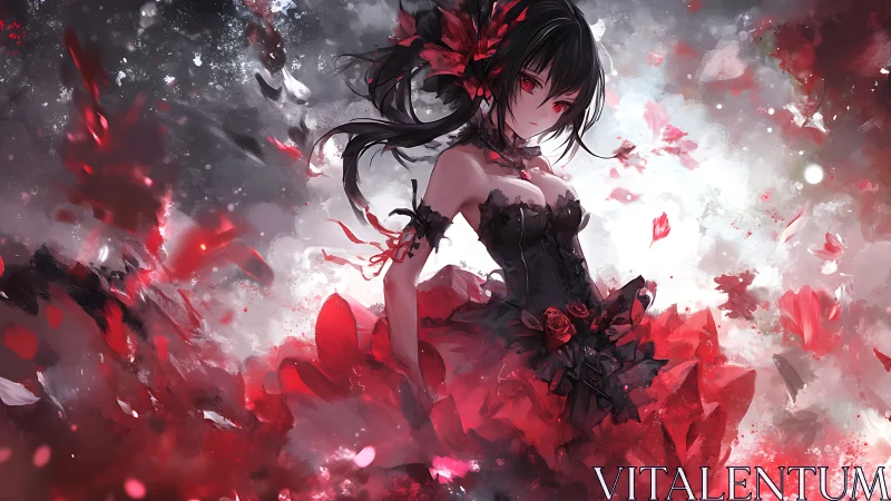 Dark rose anime girl stands in swirling crimson petals