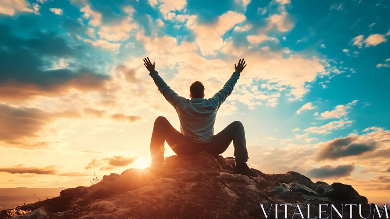 Silhouette of person on rocky hill against evening sky.