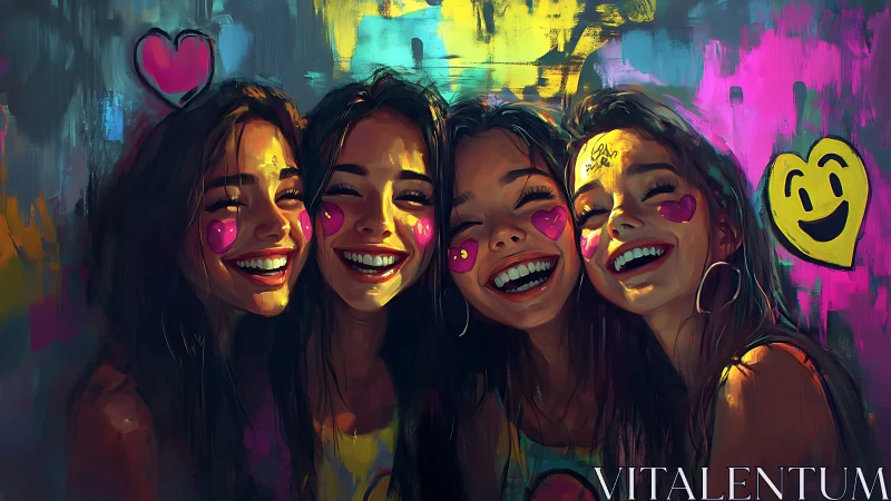 Neon heart-splashed friends glowing in electric laughter.