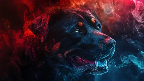 Bi-chromatic neon portrait of a dog in dynamic smoke lighting