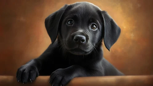 Black puppy portrait shows frontal view against warm backdrop