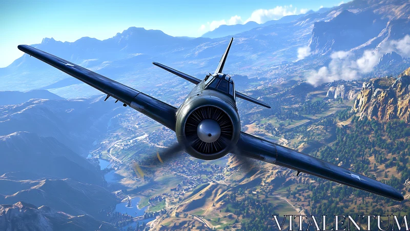 Vintage fighter plane cuts through bright alpine skies