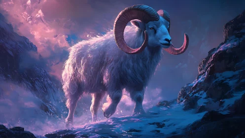 Glowing ram among ethereal mountains in neon dusk storm.