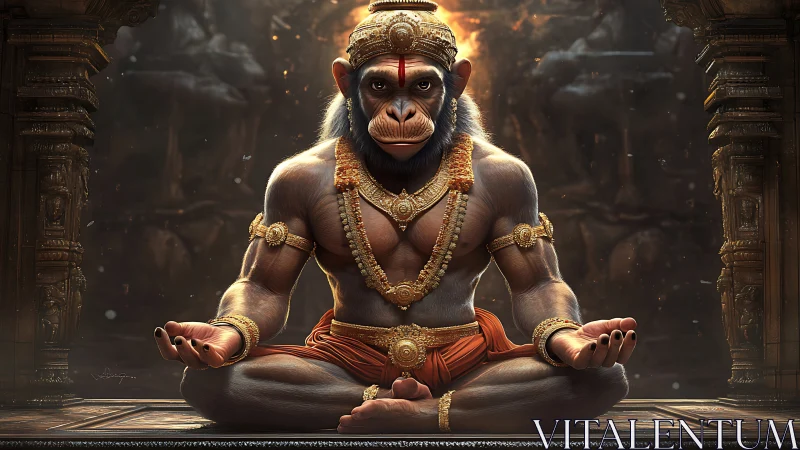 Divine monkey warrior meditates in ornate ancient temple.