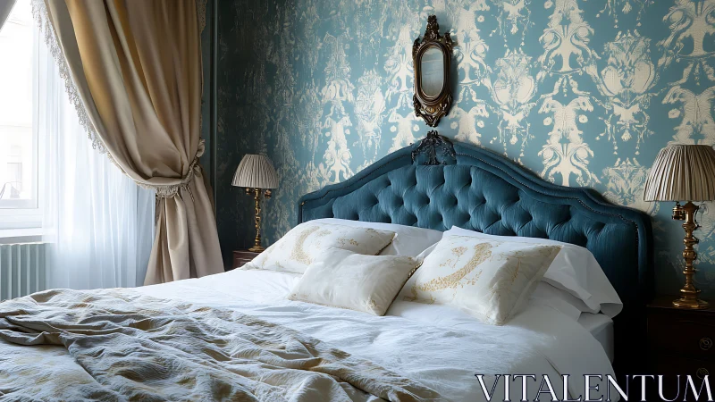 Elegant blue upholstered bed in classic vintage bedroom.