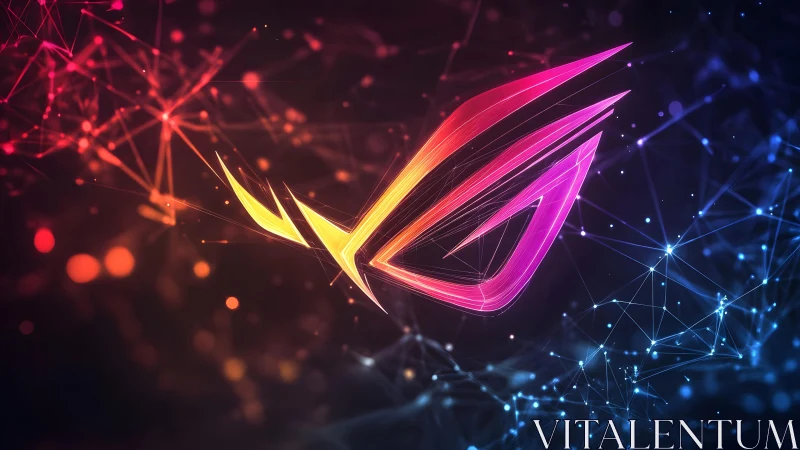Futuristic neon ROG logo in a digital abstract network background.