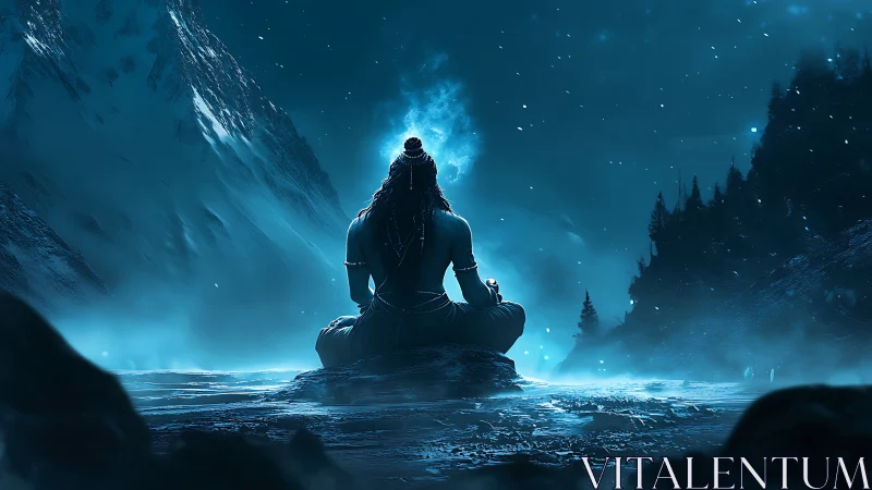 Midnight mystic meditator crowned in glacier-blue silence.