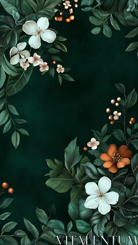 Botanical Composition with Layered Florals and Berries Against Deep Teal Background
