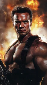 Explosive battlefield warrior in hyperreal combat portrait.