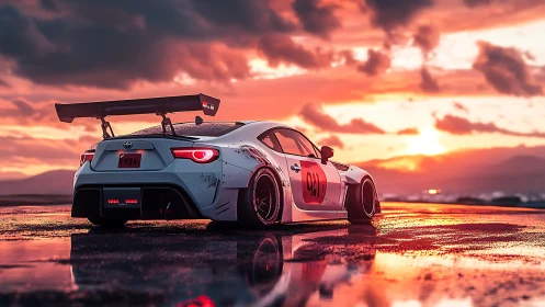 Widebody drift car cuts wet track under blazing sunset sky.