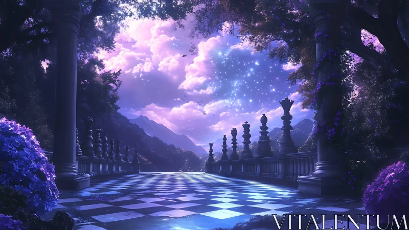 Enchanted moonlit chess terrace opens to a starry dream sky