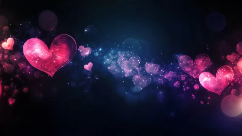Luminous hearts cascade through dark space with glowing particle effects.