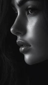Monochrome profile study of young woman in sharp light.