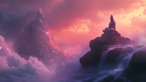 Serene mountain statue overlooks cascading misty waterfalls