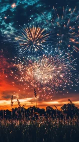 Fireworks blooming above a glowing summer field at dusk.