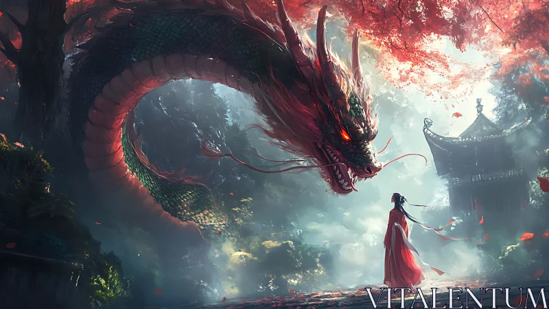 Dragon confronts robed woman in misty red forest clearing