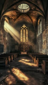 Sunlight cuts through abandoned church nave toward altar